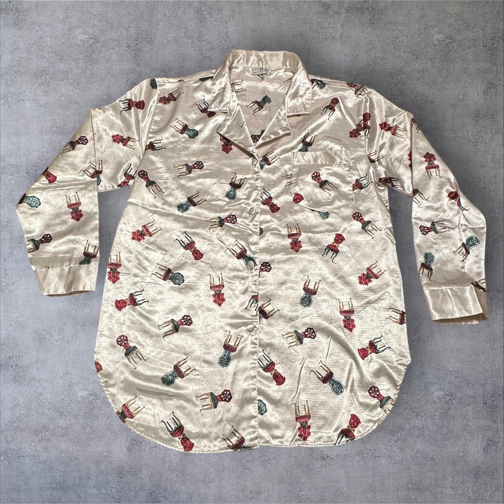 Vintage Kathryn Satin‎ Pajama Top Womens M/L Ivory Novelty Chair Floral Sleep